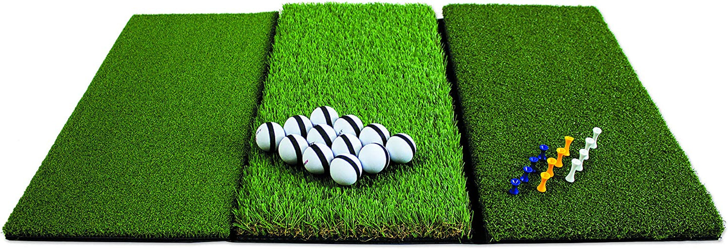 Rukket Tri-Turf Portable Golf Hitting Mat for Driving and Chipping Practice with Adjustable Tees and Foam Balls